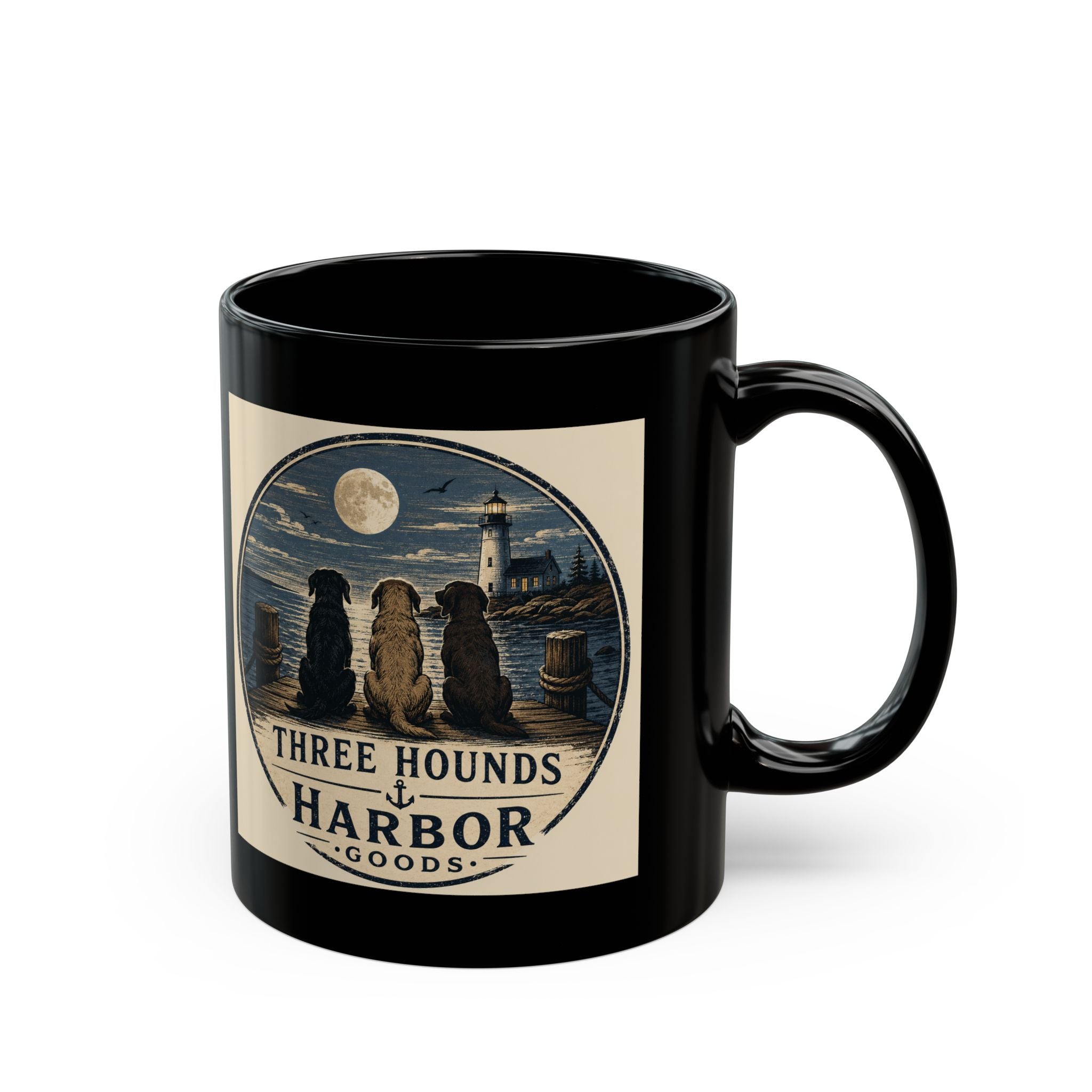 Three Hounds Harbor Coffee Mug — Nautical Lighthouse Dog Lover Mug (11oz/15oz)