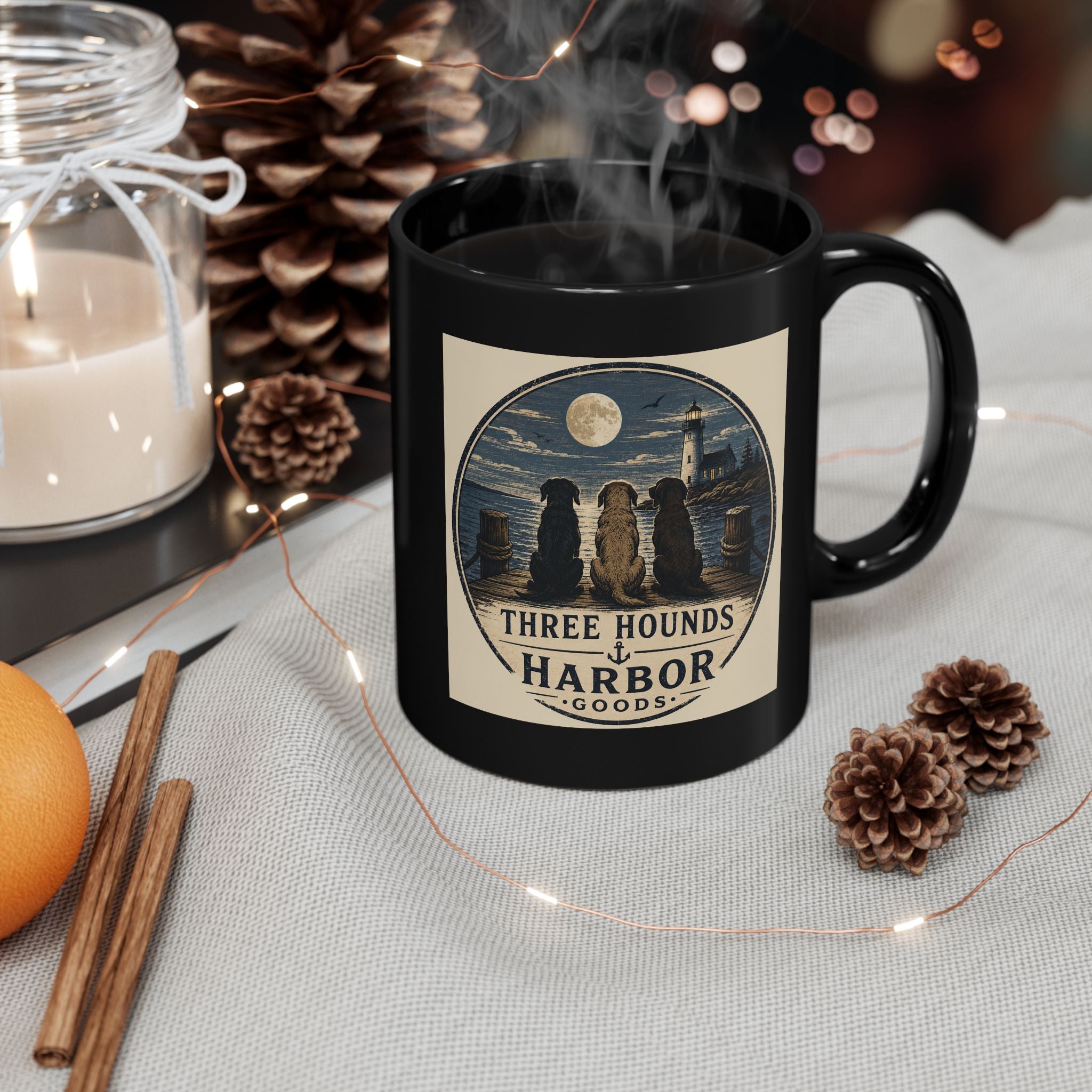 Three Hounds Harbor Coffee Mug — Nautical Lighthouse Dog Lover Mug (11oz/15oz)
