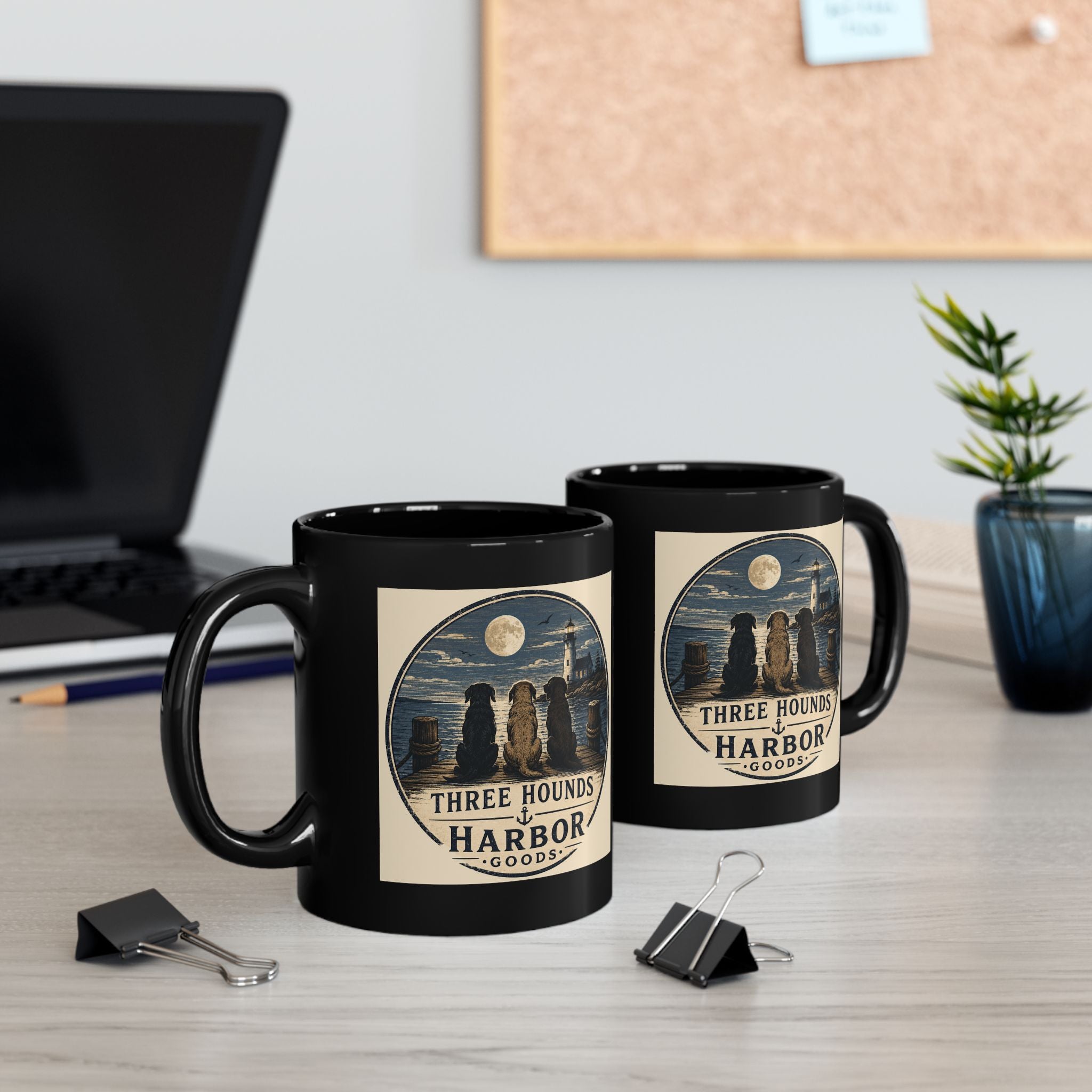 Three Hounds Harbor Coffee Mug — Nautical Lighthouse Dog Lover Mug (11oz/15oz)